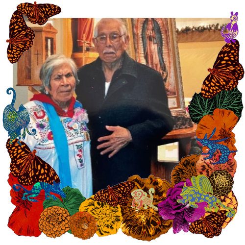 Photo of Socorro and Jose Vega in a frame with marigolds, flowers, alebrijes and monarch butterflies.