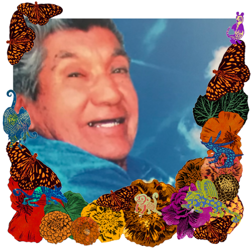 Photo of Sr. Refugio Holguin in a frame with marigolds, flowers, alebrijes and monarch butterflies.