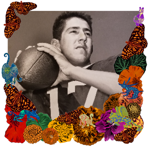Photo of Stan Quintana in a frame with marigolds, flowers, alebrijes and monarch butterflies.