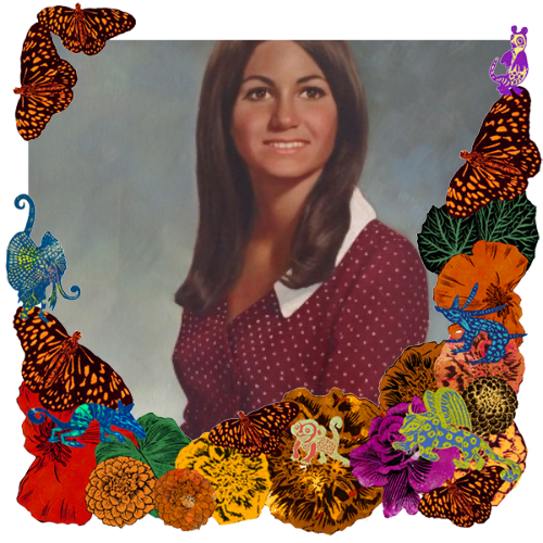 Photo of Susan Miratti in a frame with marigolds, flowers, alebrijes and monarch butterflies.