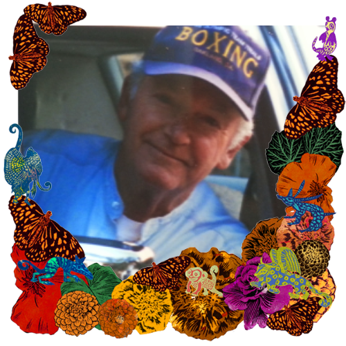 Photo of Sydney Donson in a frame with marigolds, flowers, alebrijes and monarch butterflies.