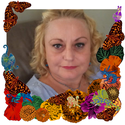 Photo of Tawanna in a frame with marigolds, flowers, alebrijes and monarch butterflies.