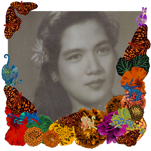 Photo of Teodora Marquez in a frame with marigolds, flowers, alebrijes and monarch butterflies.