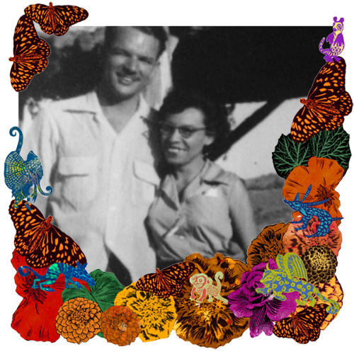 Photo of Terrel and Carolina Jackson in a frame with marigolds, flowers, alebrijes and monarch butterflies.