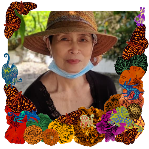 Photo of Thelma Zulueta in a frame with marigolds, flowers, alebrijes and monarch butterflies.