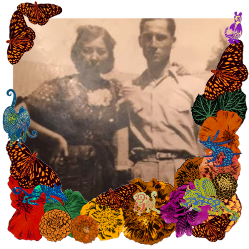 Photo of Thomas and Guadalupe in a frame with marigolds, flowers, alebrijes and monarch butterflies.