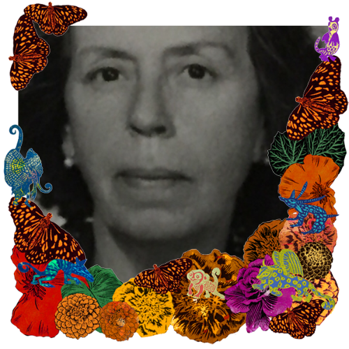 Photo of Tia Luisa in a frame with marigolds, flowers, alebrijes and monarch butterflies.