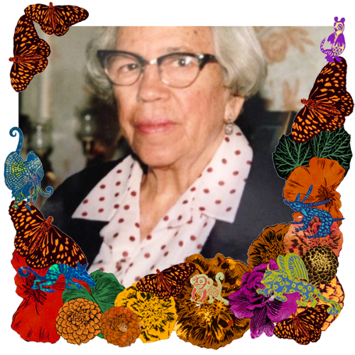 Photo of Tia Lupe in a frame with marigolds, flowers, alebrijes and monarch butterflies.