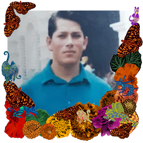 Photo of Tío Edwin in a frame with marigolds, flowers, alebrijes and monarch butterflies.
