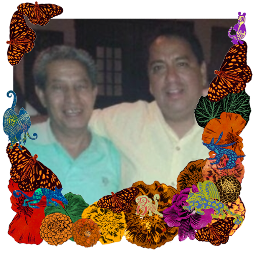 Photo of Tío Memo y Tio Raul in a frame with marigolds, flowers, alebrijes and monarch butterflies.