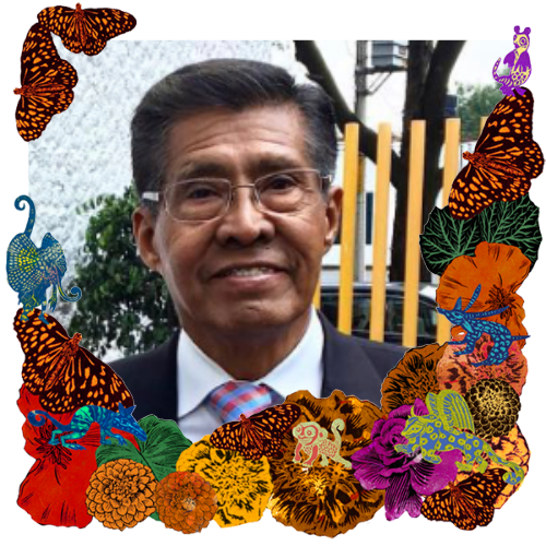 Photo of Tío Meño in a frame with marigolds, flowers, alebrijes and monarch butterflies.