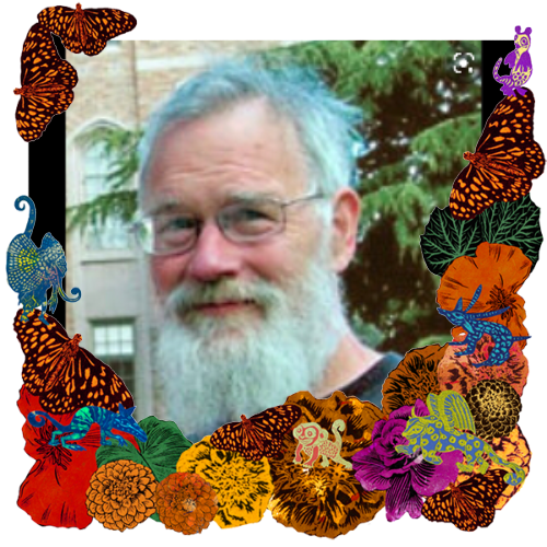 Photo of Tom Kalhorn in a frame with marigolds, flowers, alebrijes and monarch butterflies.