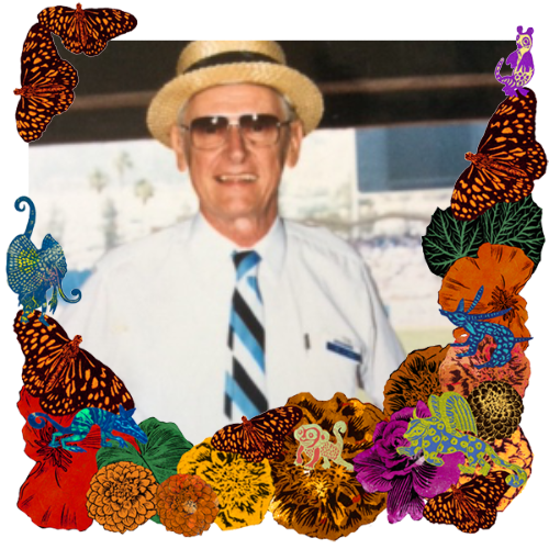 Photo of Tom McKimmey in a frame with marigolds, flowers, alebrijes and monarch butterflies.