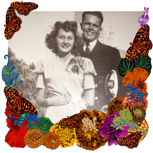 Photo of Tom and Rickey Turbeville in a frame with marigolds, flowers, alebrijes and monarch butterflies.