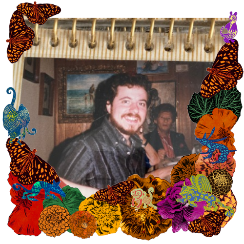 Photo of Anthony "Tony" Mannetta in a frame with marigolds, flowers, alebrijes and monarch butterflies.