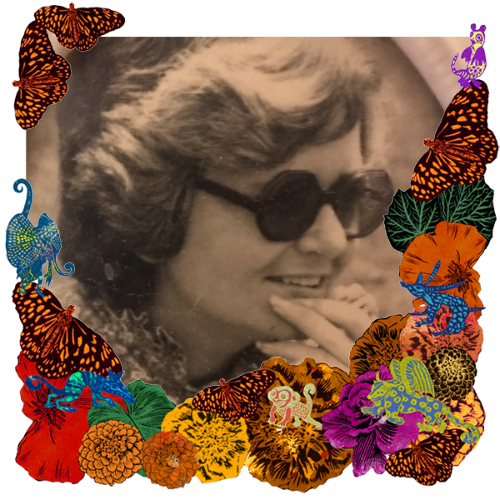 Photo of Valerie Meyer in a frame with marigolds, flowers, alebrijes and monarch butterflies.
