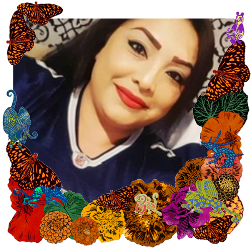 Photo of Vangie in a frame with marigolds, flowers, alebrijes and monarch butterflies.
