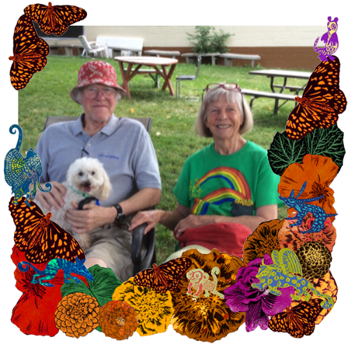 Photo of Verna Lee and Rich in a frame with marigolds, flowers, alebrijes and monarch butterflies.