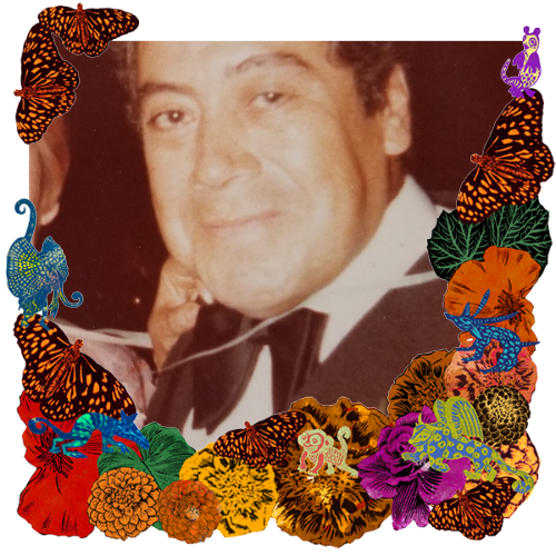 Photo of Vicente Guerrero in a frame with marigolds, flowers, alebrijes and monarch butterflies.