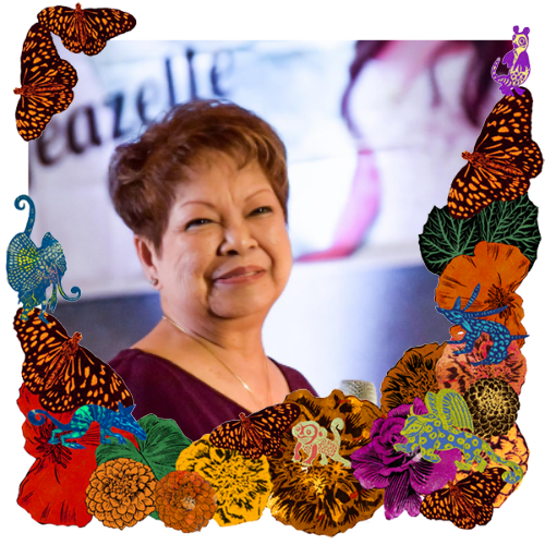 Photo of Violet Serafin in a frame with marigolds, flowers, alebrijes and monarch butterflies.