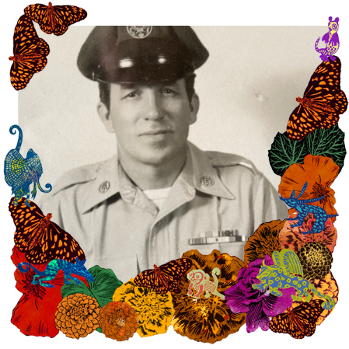 Photo of Virgil Garcia in a frame with marigolds, flowers, alebrijes and monarch butterflies.