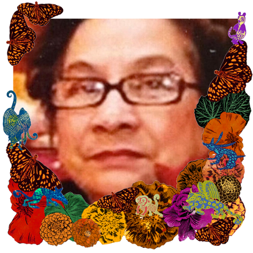 Photo of Virginia Espeleta Cannon in a frame with marigolds, flowers, alebrijes and monarch butterflies.