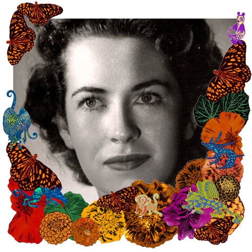 Photo of Virginia Quesenberry in a frame with marigolds, flowers, alebrijes and monarch butterflies.