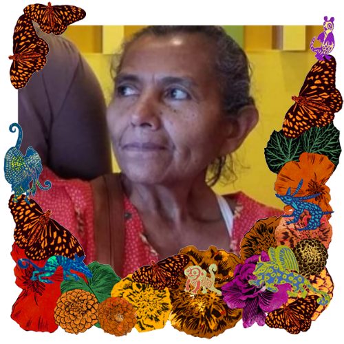 Photo of Viviane Ixtupe in a frame with marigolds, flowers, alebrijes and monarch butterflies.