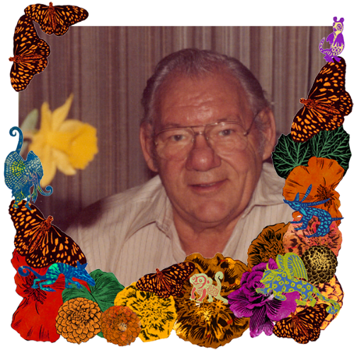 Photo of Willard Nelson Doersam and Elsie May in a frame with marigolds, flowers, alebrijes and monarch butterflies.