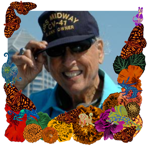 Photo of William Alvarez in a frame with marigolds, flowers, alebrijes and monarch butterflies.