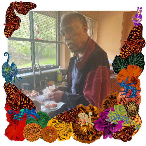 Photo of William E. Hill in a frame with marigolds, flowers, alebrijes and monarch butterflies.