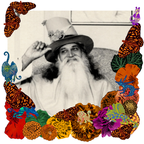 Photo of Yogiraj Sri Swami Satchidananda in a frame with marigolds, flowers, alebrijes and monarch butterflies.