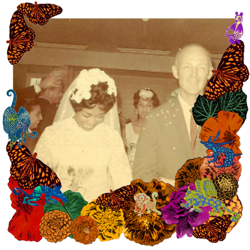 Photo of Zee Edgell and Al Edgell in a frame with marigolds, flowers, alebrijes and monarch butterflies.