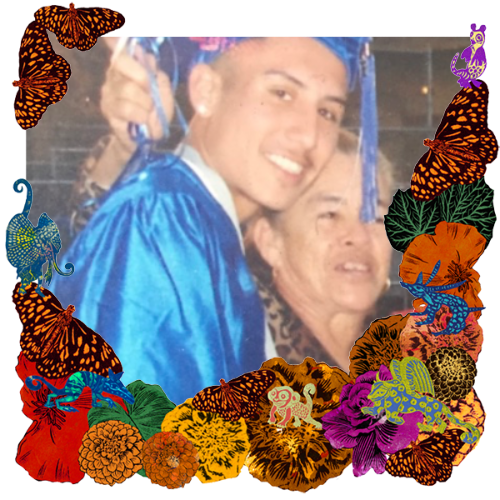 Photo of Zelvin Reyes in a frame with marigolds, flowers, alebrijes and monarch butterflies.
