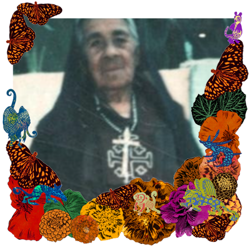 Photo of Luisa López in a frame with marigolds, flowers, alebrijes and monarch butterflies.