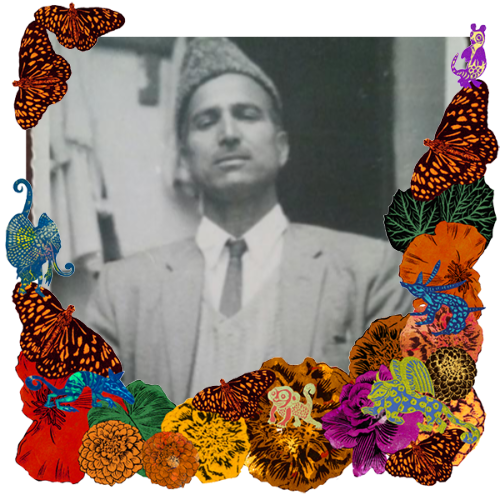 Photo of My grandfather in a frame with marigolds, flowers, alebrijes and monarch butterflies.