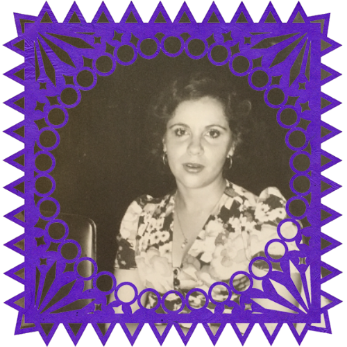 Photo of Rosa Josefina Villegas Benitez in a frame with papel picado.