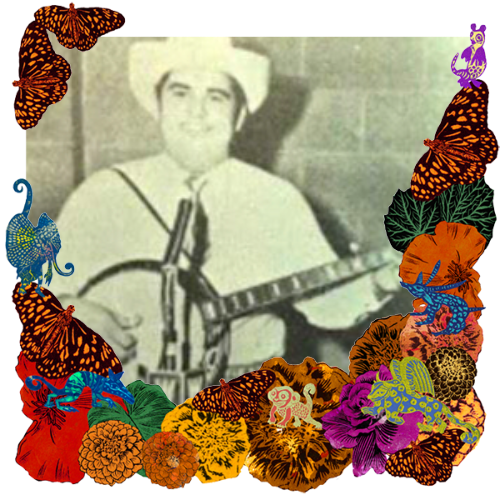 Photo of Sonny Osborne in a frame with marigolds, flowers, alebrijes and monarch butterflies.
