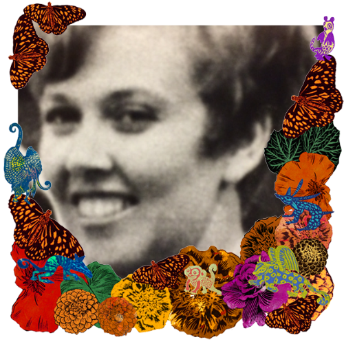 Photo of Sylvia in a frame with marigolds, flowers, alebrijes and monarch butterflies.