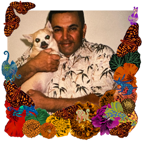 Photo of Tío Allan in a frame with marigolds, flowers, alebrijes and monarch butterflies.