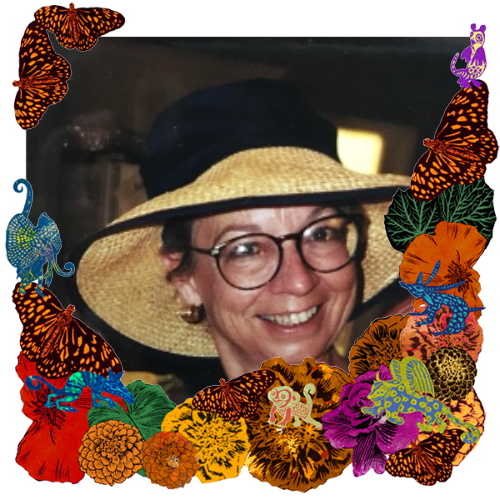 Photo of Wendy in a frame with marigolds, flowers, alebrijes and monarch butterflies.