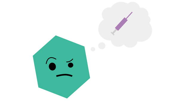 Cartoon hexagon with a thought balloon containing a vaccine syringe
