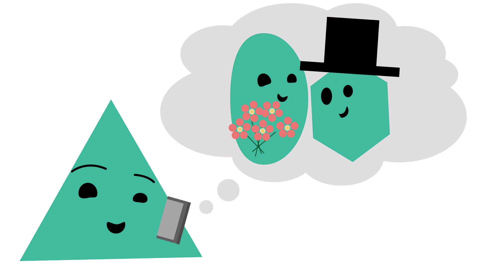 An anthropomorphic triangle with a thought bubble of two anthropomorphic shapes getting joined in marriage