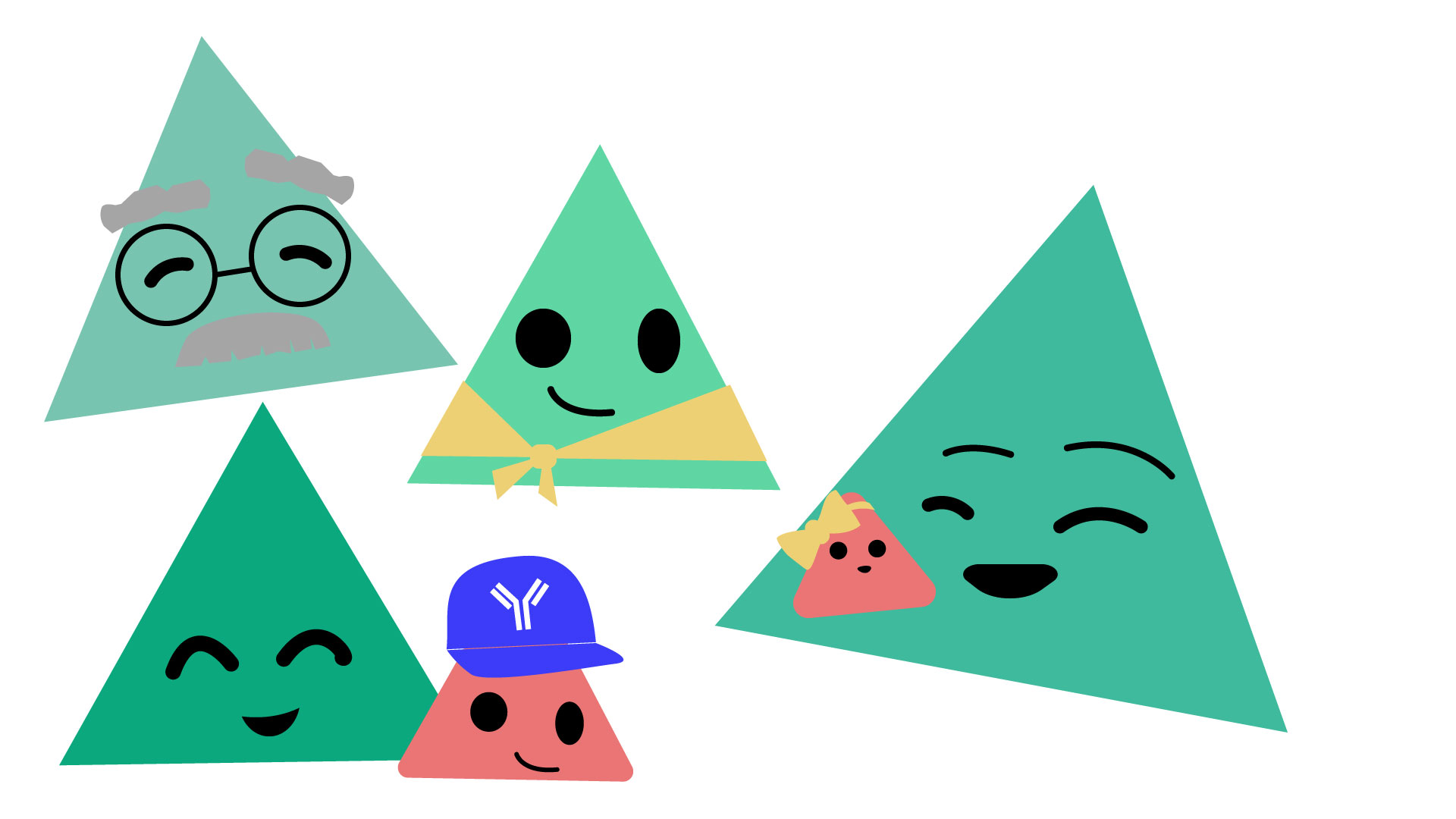 Four large anthropomorphic triangles and a small anthropomorphic triangles gather around a baby anthropomorphic triangle being held by a larger triangle