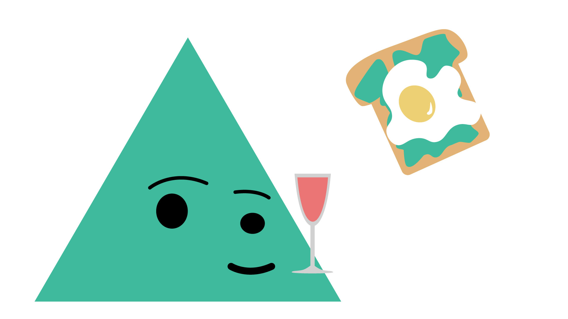 An anthropomorphic triangle holds a glass of mimosa and thinks of egg-on-avocado-toast