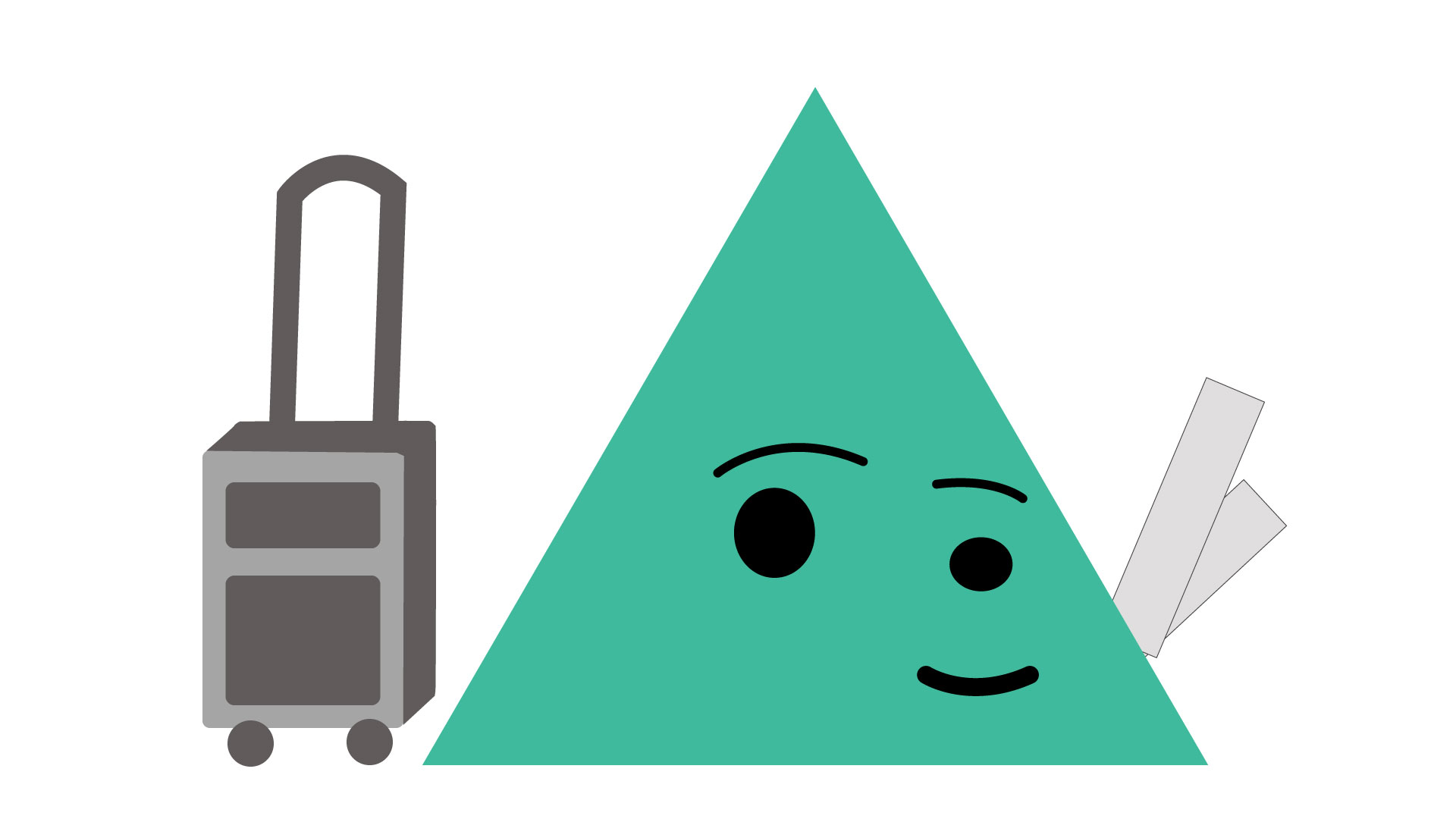 An anthropomorphic triangle with a rolling suitcase holds two boarding passes
