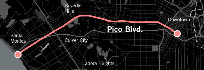 Map shows the path of Pico Boulevard from Santa Monica to Downtown L.A.
