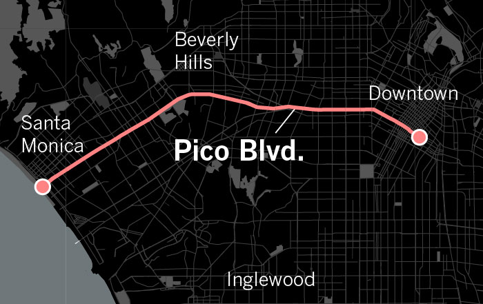 Map shows the path of Pico Boulevard from Santa Monica to Downtown L.A.