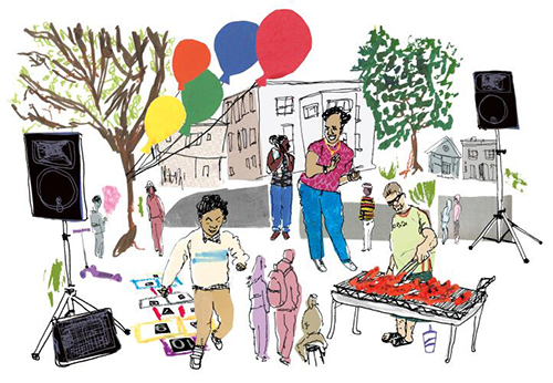 Illustration shows people at a block party, grilling, dancing, playing games and socializing.