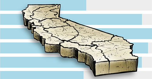 Illustration of the state of California with cracks across the dry ground